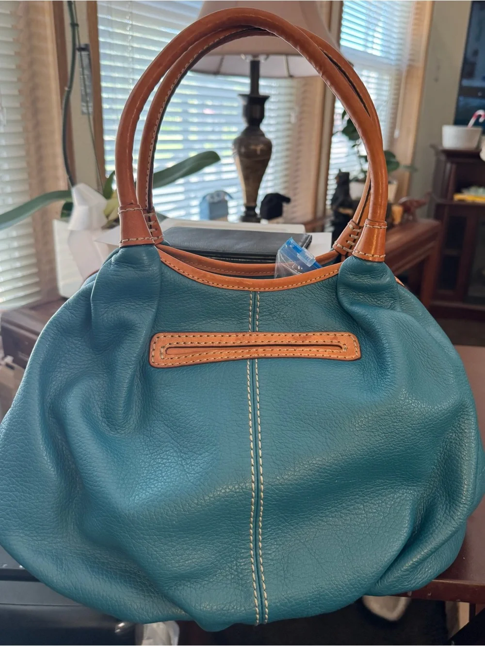 Brighton Teal Leather Top-Handle Women’s Bag with Tan Trim